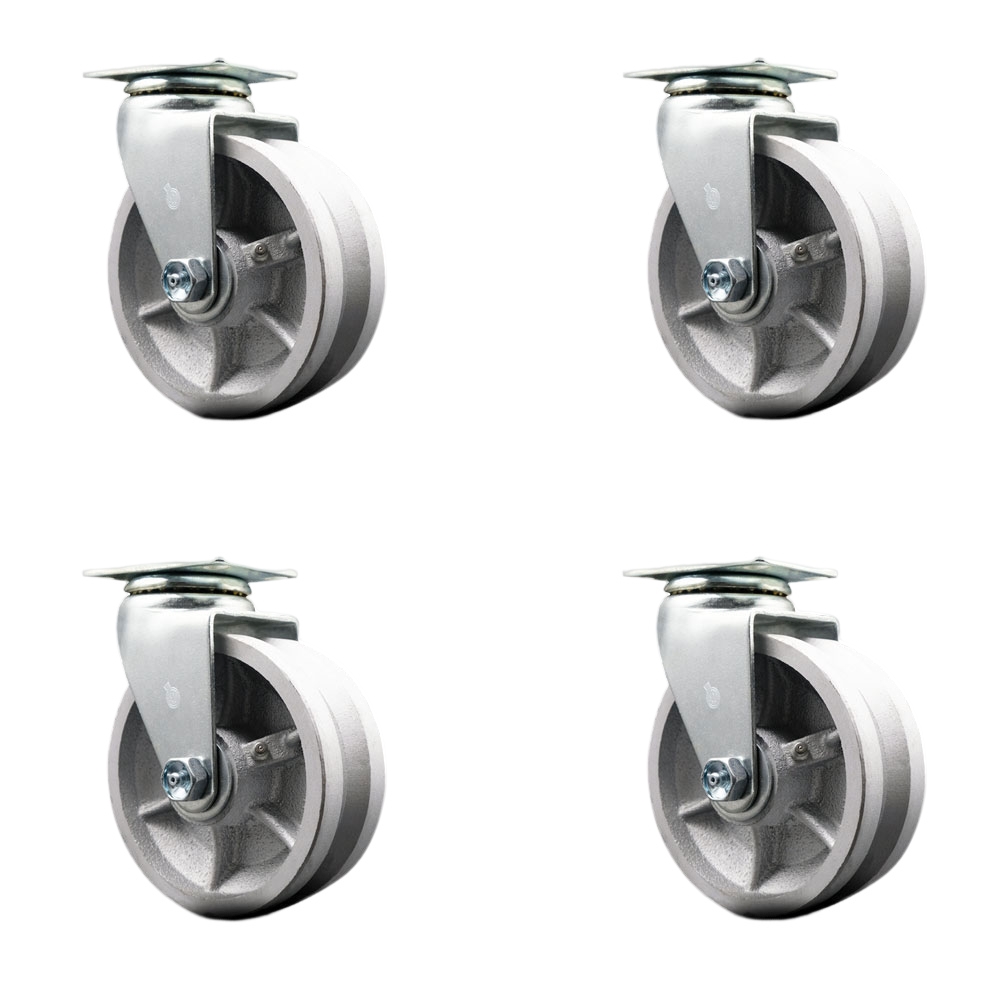Swivel Top Plate Caster Set – Silver 5 Inch by 2 Inch V-Groove Semi Steel Cast Iron Wheel – Bronze Bearing – 1,800 lbs. Total Capacity – Includes 4 Swivel Casters – Service Caster Brand — photo 1