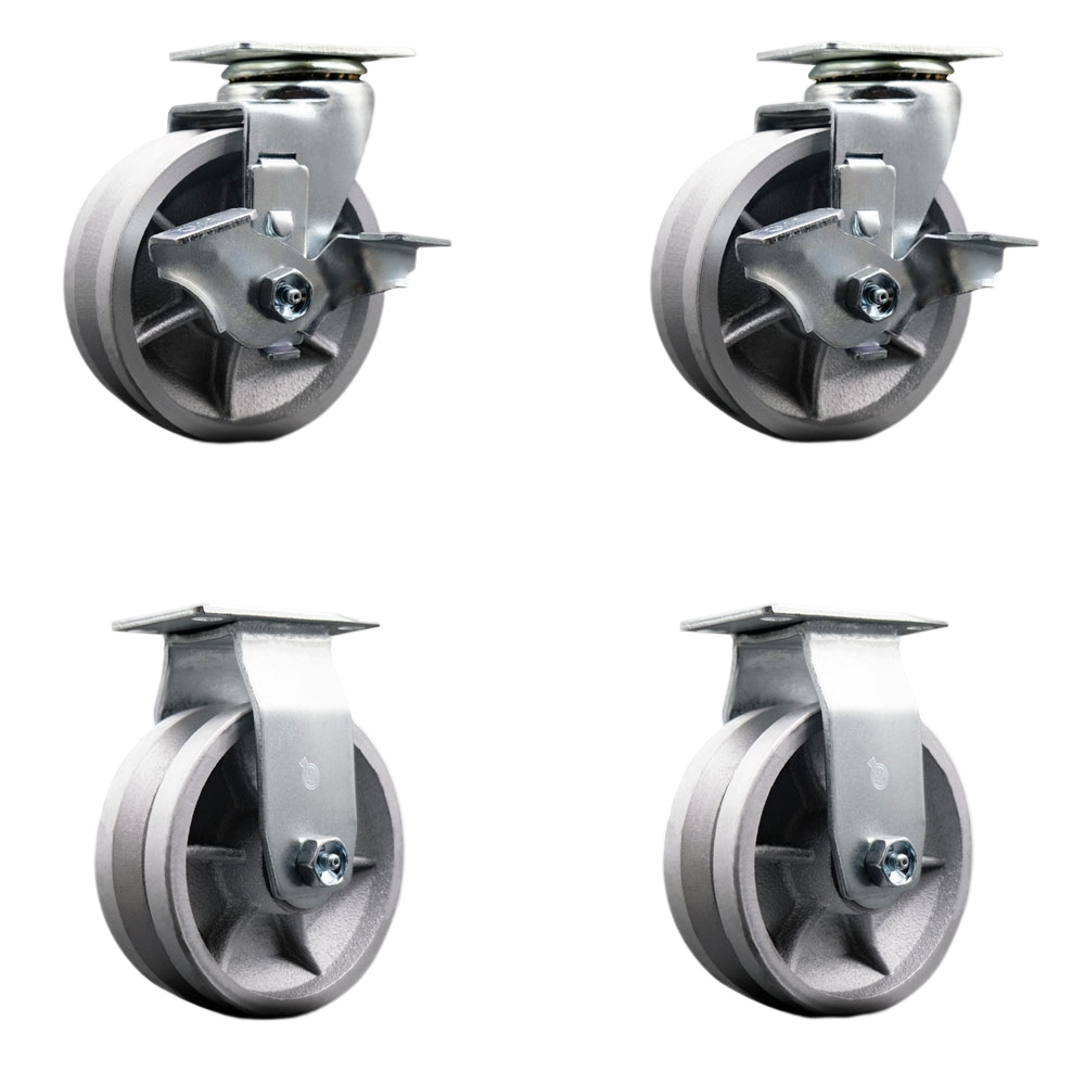 Swivel and Rigid Plate Caster Set–Silver 5 Inch by 2 Inch V-Groove Semi Steel Cast Iron Wheel–Bronze Bearing–1,800lbs. Total Capacity–Includes 2 Locking Swivel and 2 Rigid Casters–Service Caster Brand — photo 1