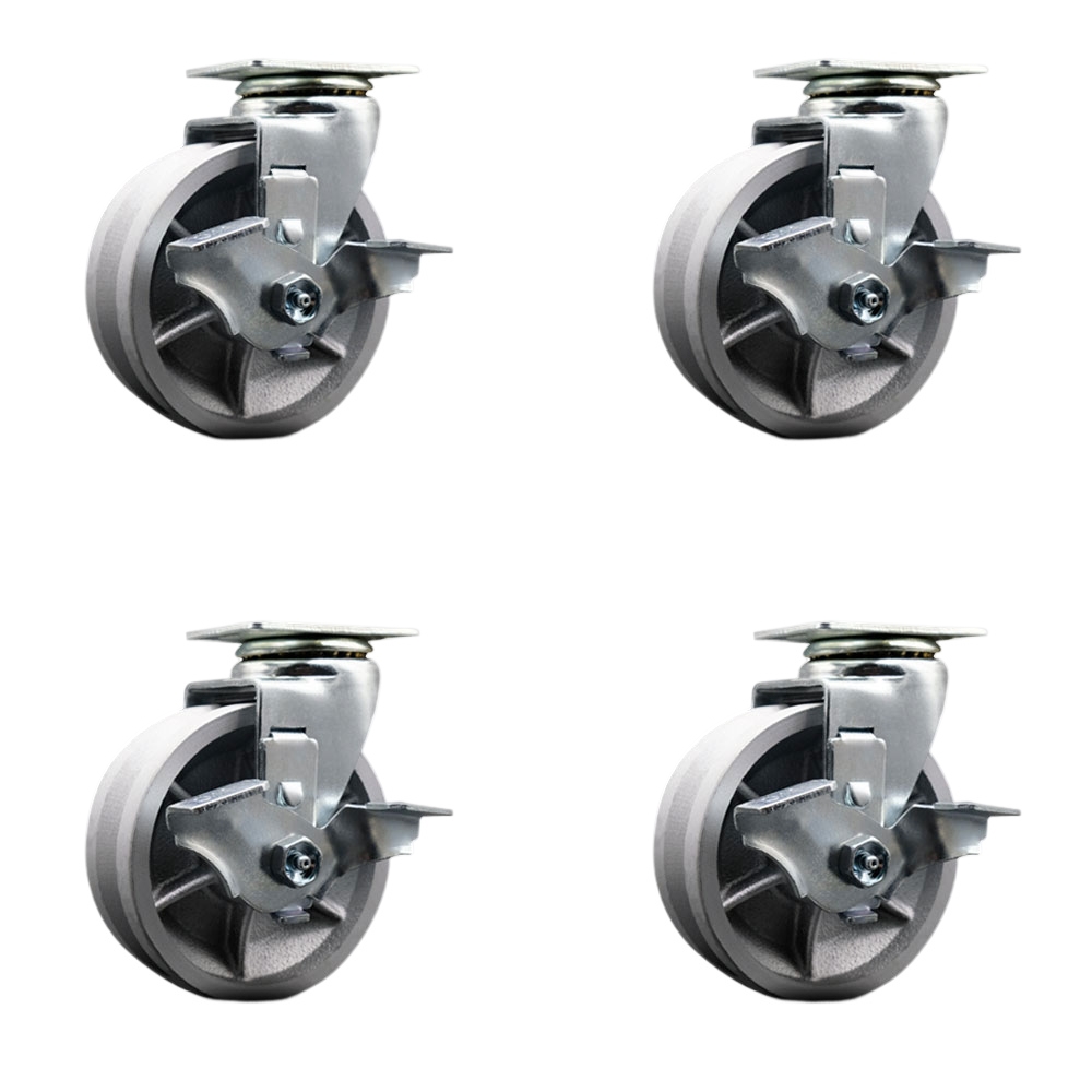 Swivel Top Plate Caster Set – Silver 5 Inch by 2 Inch V-Groove Semi Steel Cast Iron Wheel – Bronze Bearing –1,800 lbs. Total Capacity–Includes 4 Swivel Casters with Locking Brakes–Service Caster Brand — photo 1