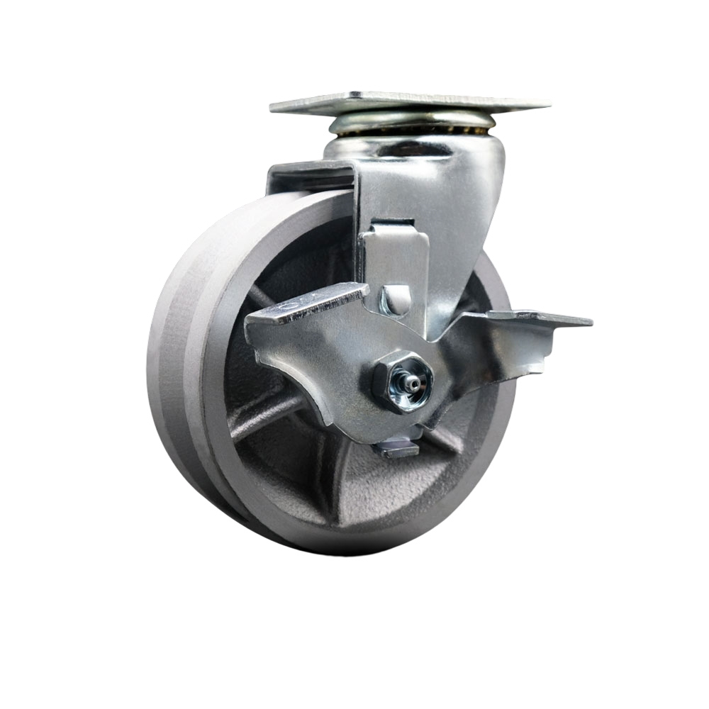 Swivel Top Plate Caster – Silver 5 Inch by 2 Inch V-Groove Semi Steel Cast Iron Wheel – Roller Bearing – 450 lbs. Capacity Per Caster – Includes Top Locking Brake - Service Caster Brand — photo 1