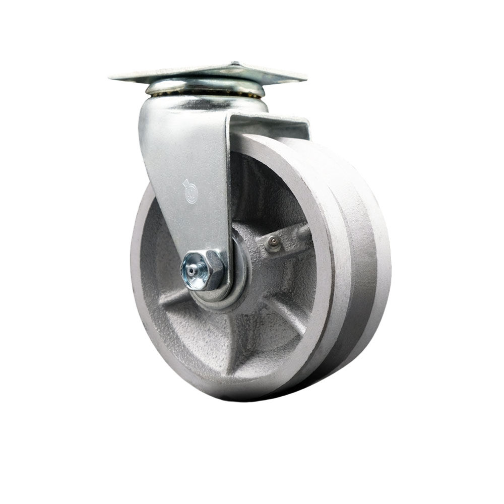 Swivel Top Plate Caster – Silver 5 Inch by 2 Inch V-Groove Semi Steel Cast Iron Wheel – Ball Bearing – 450 lbs. Capacity Per Caster – Service Caster Brand — photo 1
