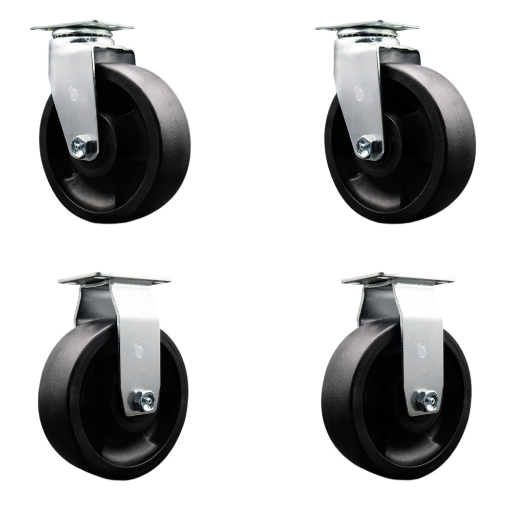 Swivel and Rigid Top Plate Caster Set – Black 6 Inch by 2 Inch Glass Filled Nylon Wheel – Ball Bearing – 1,800 lbs. Total Capacity – Includes 2 Swivel and 2 Rigid Casters – Service Caster Brand — photo 1