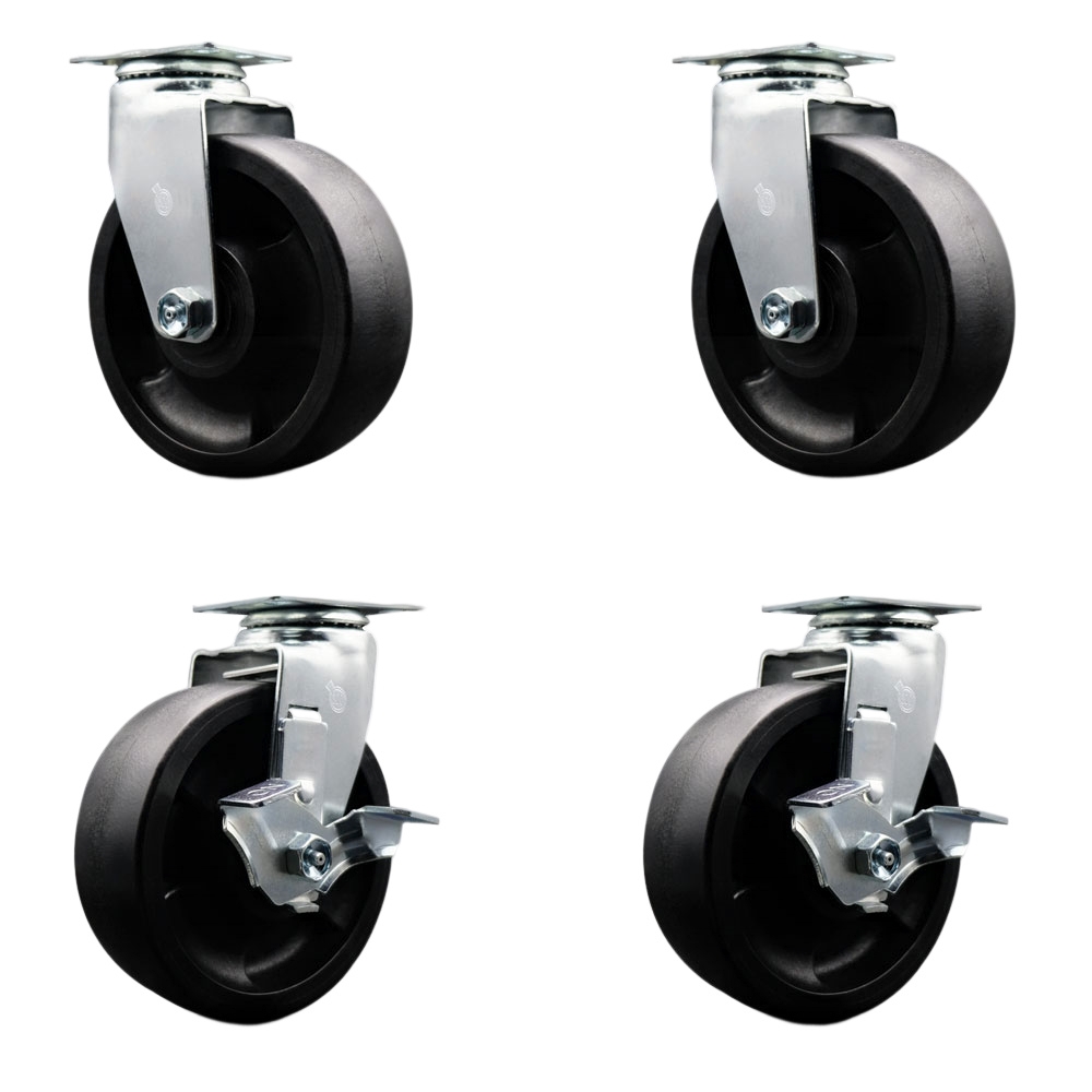 Tool Box Caster Wheel Set - 6 Inch Flat Free, Easy Rolling Glass Filled Nylon Wheels - Industrial Grade - 2 Swivel with Top Lock Brakes - Service Caster Brand — photo 1