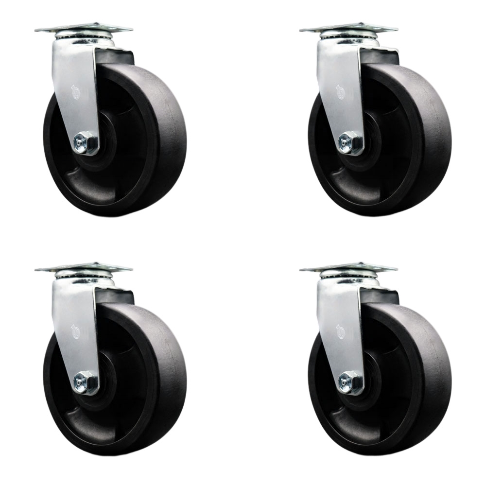 Swivel Top Plate Caster Set – Black 6 Inch by 2 Inch Glass Filled Nylon Wheel – Roller Bearing – 1,800 lbs. Total Capacity – Includes 4 Swivel Casters – Service Caster Brand — photo 1