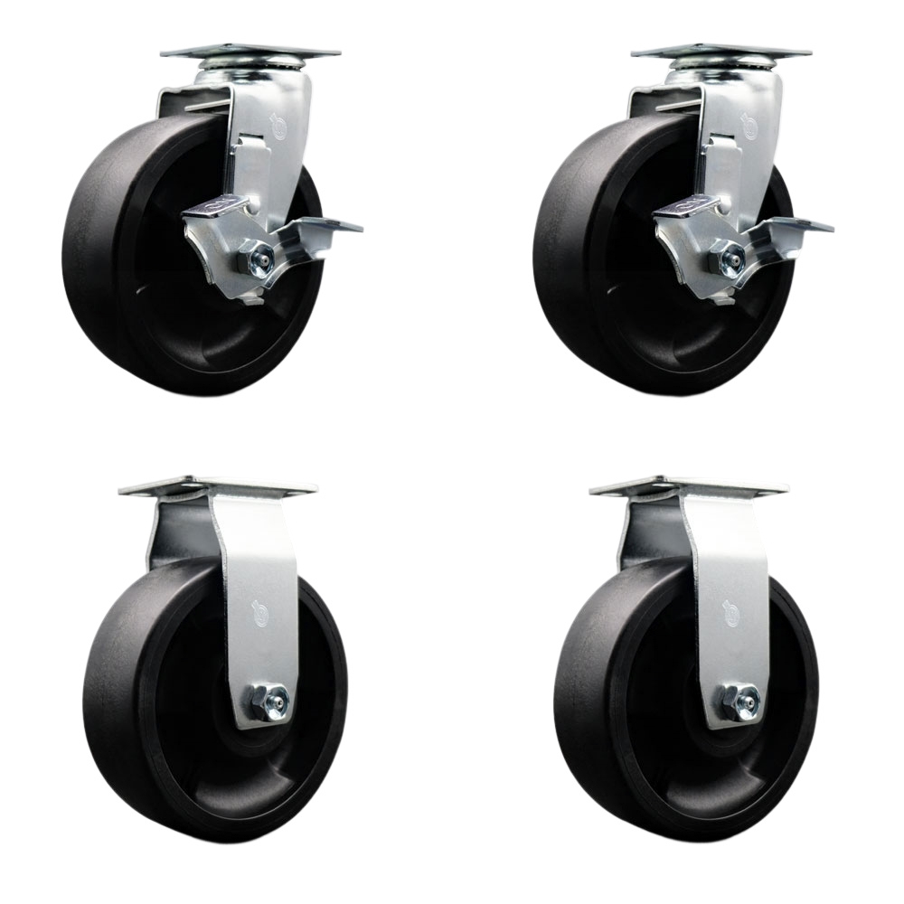 Tool Box Caster Wheel Set - 6 Inch Flat Free, Easy Rolling Glass Filled Nylon Wheels - Industrial Grade - 2 Swivel with Top Lock Brakes - Service Caster Brand — photo 1