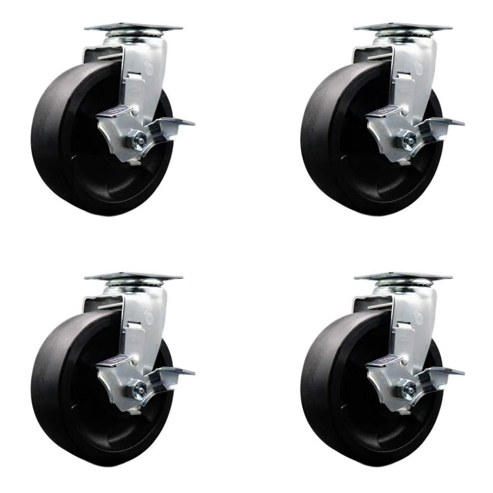 Tool Box Caster Wheel Set - 6 Inch Flat Free, Easy Rolling Glass Filled Nylon Wheels - Industrial Grade - 4 Swivel Casters with Top Lock Brakes - Service Caster Brand — photo 1