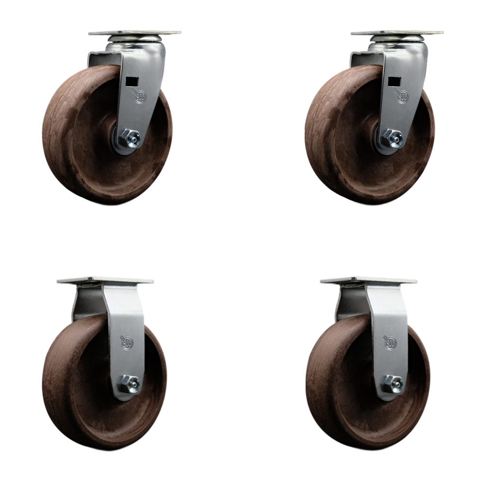 Swivel and Rigid Plate Caster Set–Brown 6 Inch by 2 Inch High Temperature Glass Filled Nylon Wheel–Bronze Bearing–1,800 lbs. Total Capacity–Includes 2 Swivel and 2 Rigid Casters – Service Caster Brand — photo 1