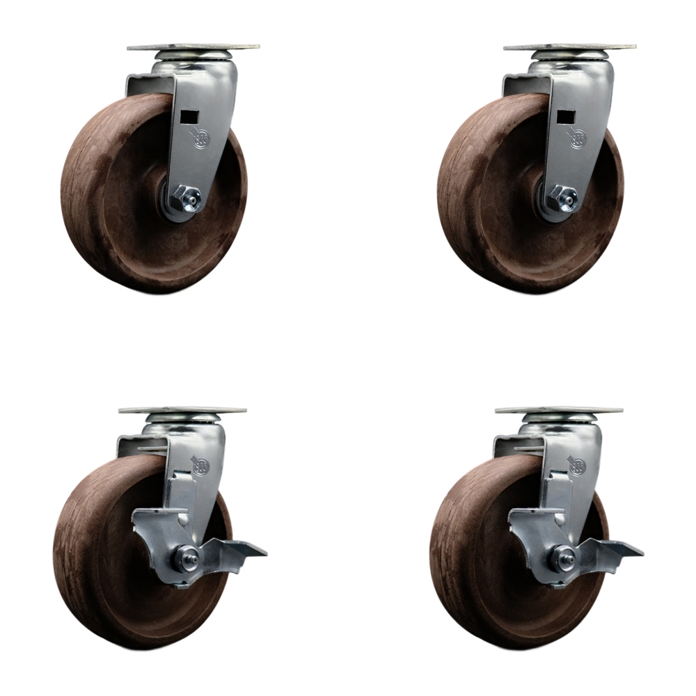 Swivel Top Plate Caster Set–Brown 6 Inch by 2 Inch High Temperature Glass Filled Nylon Wheel–Roller Bearing–1,800lbs. Total Capacity–Includes 2 Locking Casters and 2 Swivel Caster–Service Caster Brand — photo 1