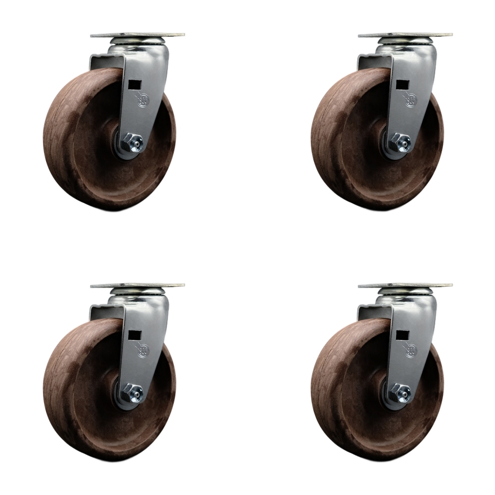 Swivel Top Plate Caster Set – Brown 6 Inch by 2 Inch High Temperature Glass Filled Nylon Wheel – Bronze Bearing – 1,800 lbs. Total Capacity – Includes 4 Swivel Casters – Service Caster Brand — photo 1