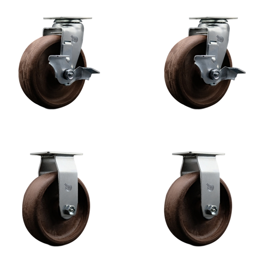 Swivel and Rigid Plate Caster Set–Brown 6 Inch by 2 Inch High Temp Glass Filled Nylon Wheel–Roller Bearing–1,800lbs. Total Capacity–Includes 2 Locking Swivel and 2 Rigid Casters–Service Caster Brand — photo 1