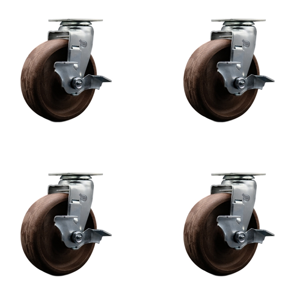 Swivel Top Plate Caster Set–Brown 6 Inch by 2 Inch High Temperature Glass Filled Nylon Wheel–Bronze Bearing–1,800 lbs. Total Capacity–Includes 4 Swivel Casters with Locking Brakes–Service Caster Brand — photo 1
