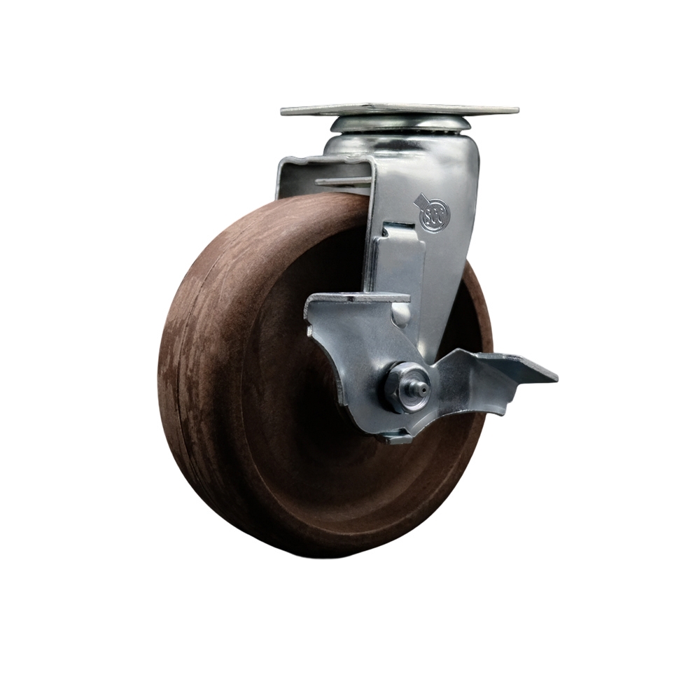 Swivel Top Plate Caster – Brown 6 Inch by 2 Inch High Temperature Glass Filled Nylon Wheel – Roller Bearing – 450 lbs. Capacity Per Caster – Includes Top Locking Brake - Service Caster Brand — photo 1