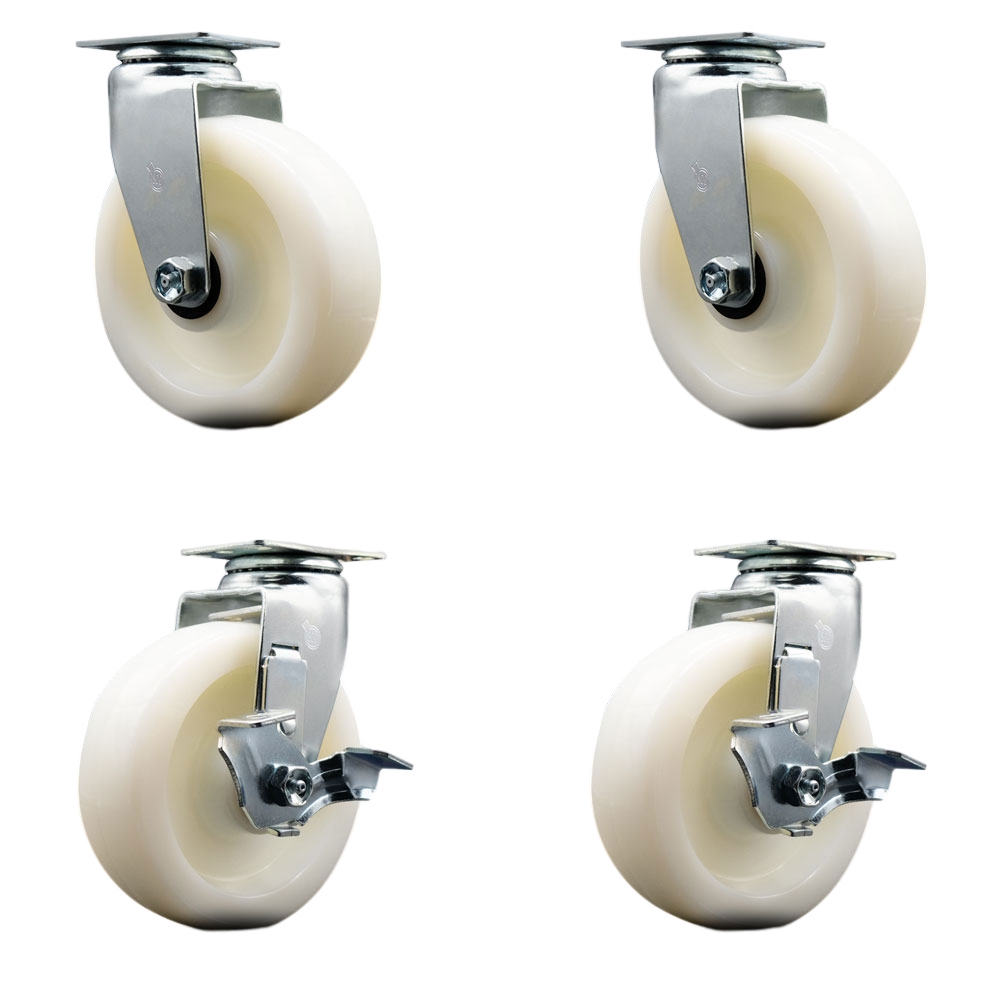 Swivel Top Plate Caster Set – White 6 Inch by 2 Inch Nylon Wheel – Roller Bearing – 1,800 lbs. Total Capacity – Includes 2 Locking Swivel Casters and 2 Swivel Casters – Service Caster Brand — photo 1