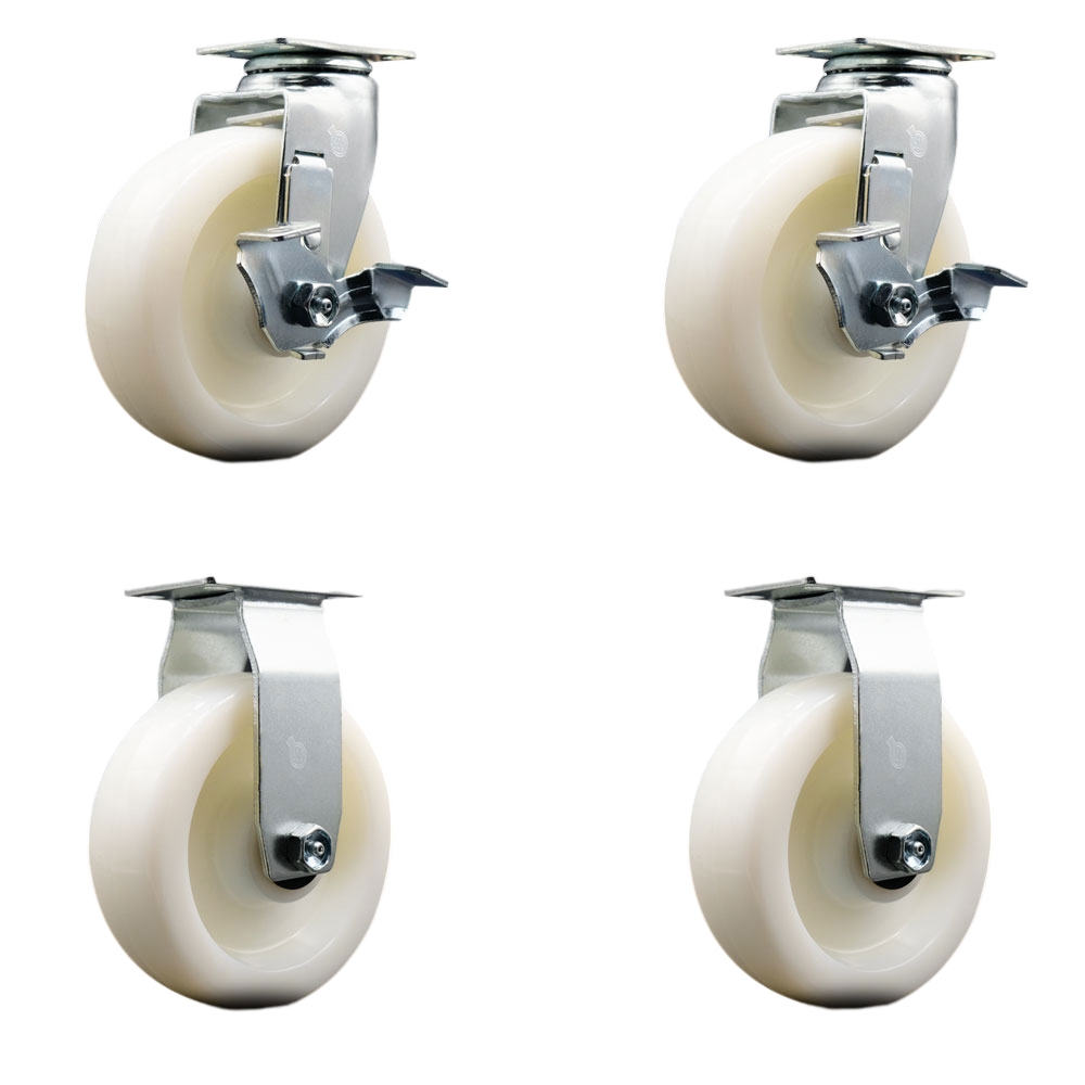 Swivel and Rigid Plate Caster Set – White 6 Inch by 2 Inch Nylon Wheel – Ball Bearing – 1,800 lbs. Total Capacity – Includes 2 Locking Swivel and 2 Rigid Casters – Service Caster Brand — photo 1