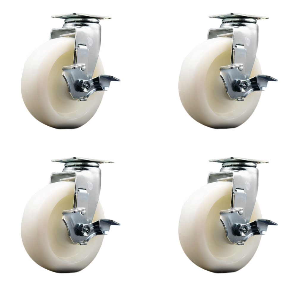 Swivel Top Plate Caster Set – White 6 Inch by 2 Inch Nylon Wheel – Roller Bearing – 1,800 lbs. Total Capacity – Includes 4 Swivel Casters with Top Locking Brakes – Service Caster Brand — photo 1