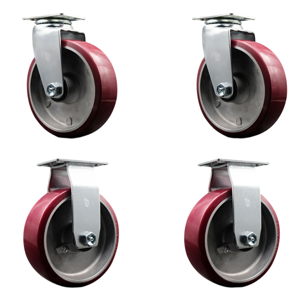 Swivel and Rigid Top Plate Caster Set – Maroon 6 Inch by 2 Inch Polyurethane on Aluminum Wheel – Roller Bearing – 1,800 lbs. Total Capacity – Includes 2 Swivel and 2 Rigid Casters–Service Caster Brand — photo 1
