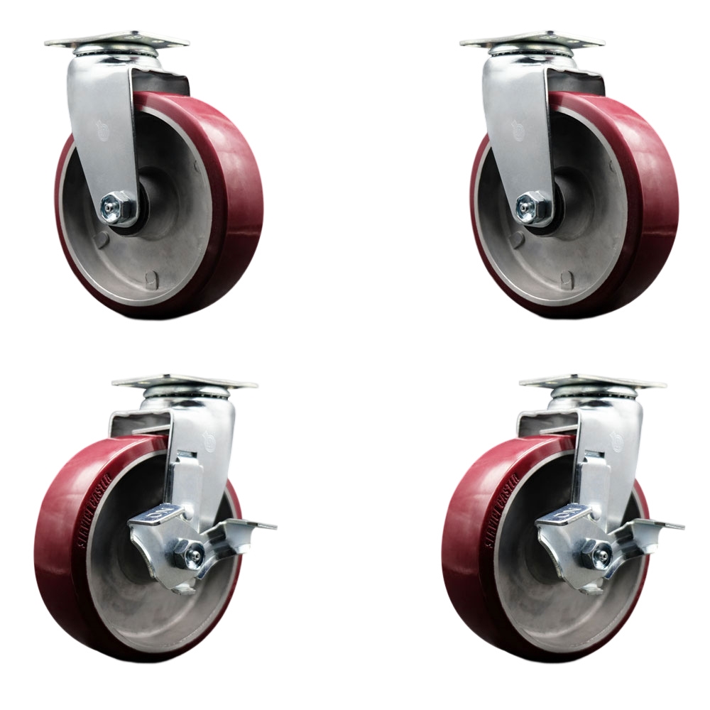 Swivel Top Plate Caster Set – Maroon 6 Inch by 2 Inch Poly on Aluminum Wheel – Ball Bearing – 1,800 lbs. Total Capacity – Includes 2 Locking Swivel Casters and 2 Swivel Casters– Service Caster Brand — photo 1