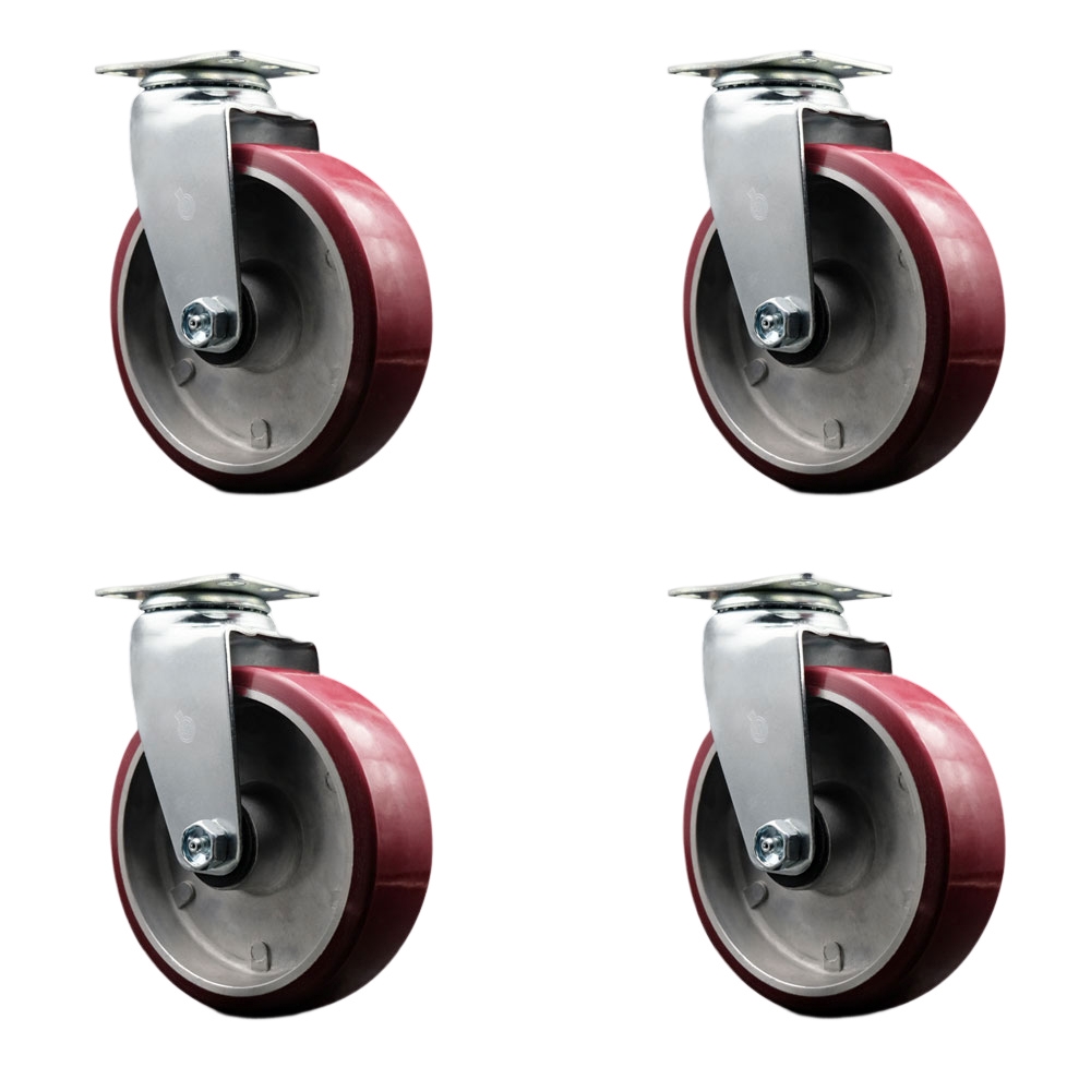 Swivel Top Plate Caster Set – Maroon 6 Inch by 2 Inch Polyurethane on Aluminum Wheel – Roller Bearing – 1,800 lbs. Total Capacity – Includes 4 Swivel Casters – Service Caster Brand — photo 1