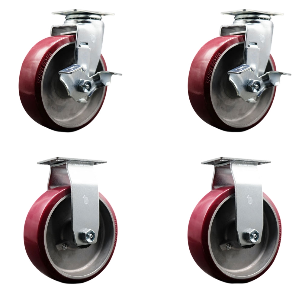 Swivel and Rigid Plate Caster Set – Maroon 6 Inch by 2 Inch Polyurethane on Aluminum Wheel – Ball Bearing–1,800 lbs. Total Capacity–Includes 2 Locking Swivel and 2 Rigid Casters–Service Caster Brand — photo 1