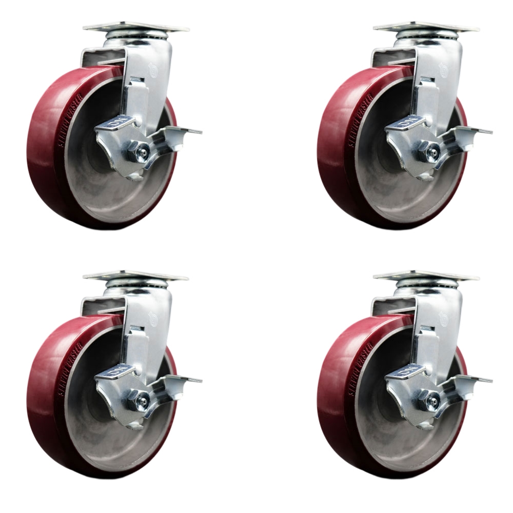 Swivel Top Plate Caster Set – Maroon 6 Inch by 2 Inch Polyurethane on Aluminum Wheel – Ball Bearing – 1,800 lbs. Total Capacity–Includes 4 Swivel Casters with Top Locking Brakes–Service Caster Brand — photo 1