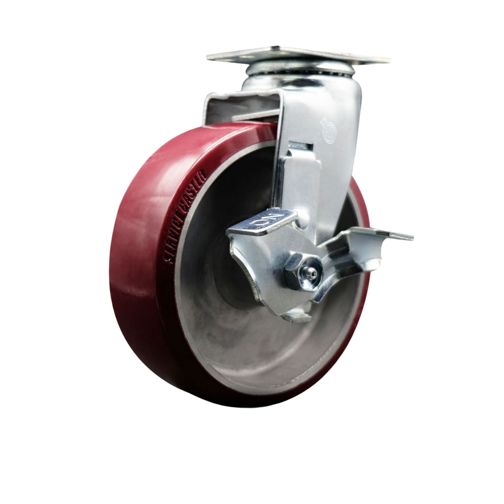 Swivel Top Plate Caster – Maroon 6 Inch by 2 Inch Polyurethane on Aluminum Wheel – Roller Bearing – 450 lbs. Capacity Per Caster – Includes Top Locking Brake - Service Caster Brand — photo 1