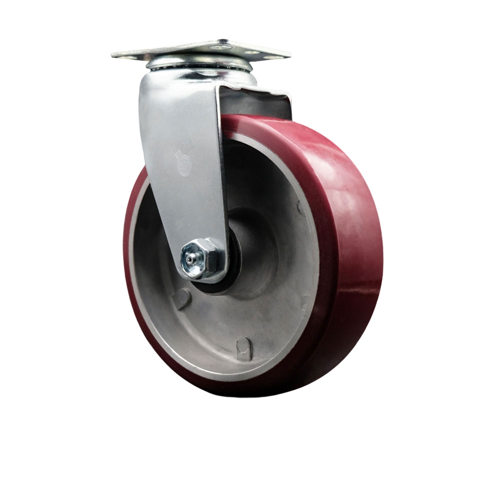 Swivel Top Plate Caster – Maroon 6 Inch by 2 Inch Polyurethane on Aluminum Wheel – Ball Bearing – 450 lbs. Capacity Per Caster – Service Caster Brand — photo 1