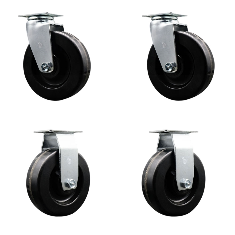 Swivel and Rigid Top Plate Caster Set – Black 6 Inch by 2 Inch Phenolic Wheel – Roller Bearing – 1,800 lbs. Total Capacity – Includes 2 Swivel and 2 Rigid Casters – Service Caster Brand — photo 1