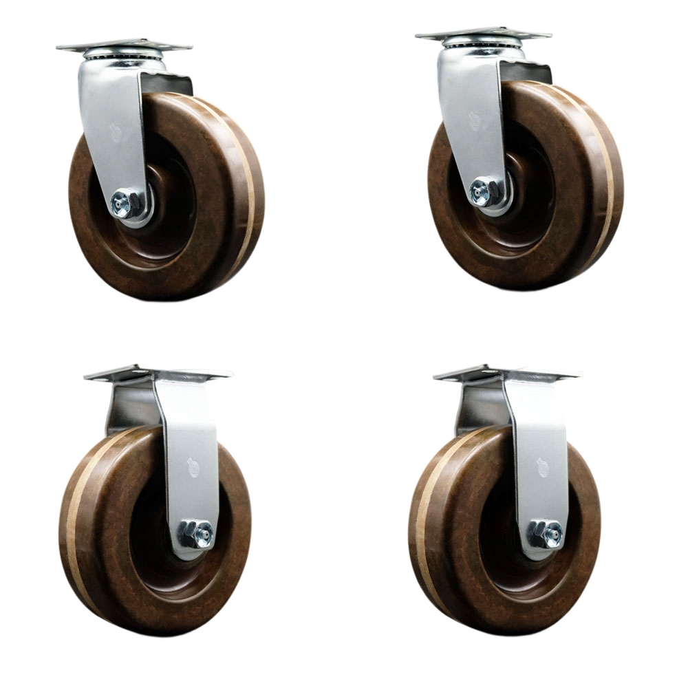 Swivel and Rigid Top Plate Caster Set – Brown 6 Inch by 2 Inch High Temperature Phenolic Wheel – Roller Bearing – 1,800 lbs. Total Capacity – Includes 2 Swivel and 2 Rigid Casters–Service Caster Brand — photo 1