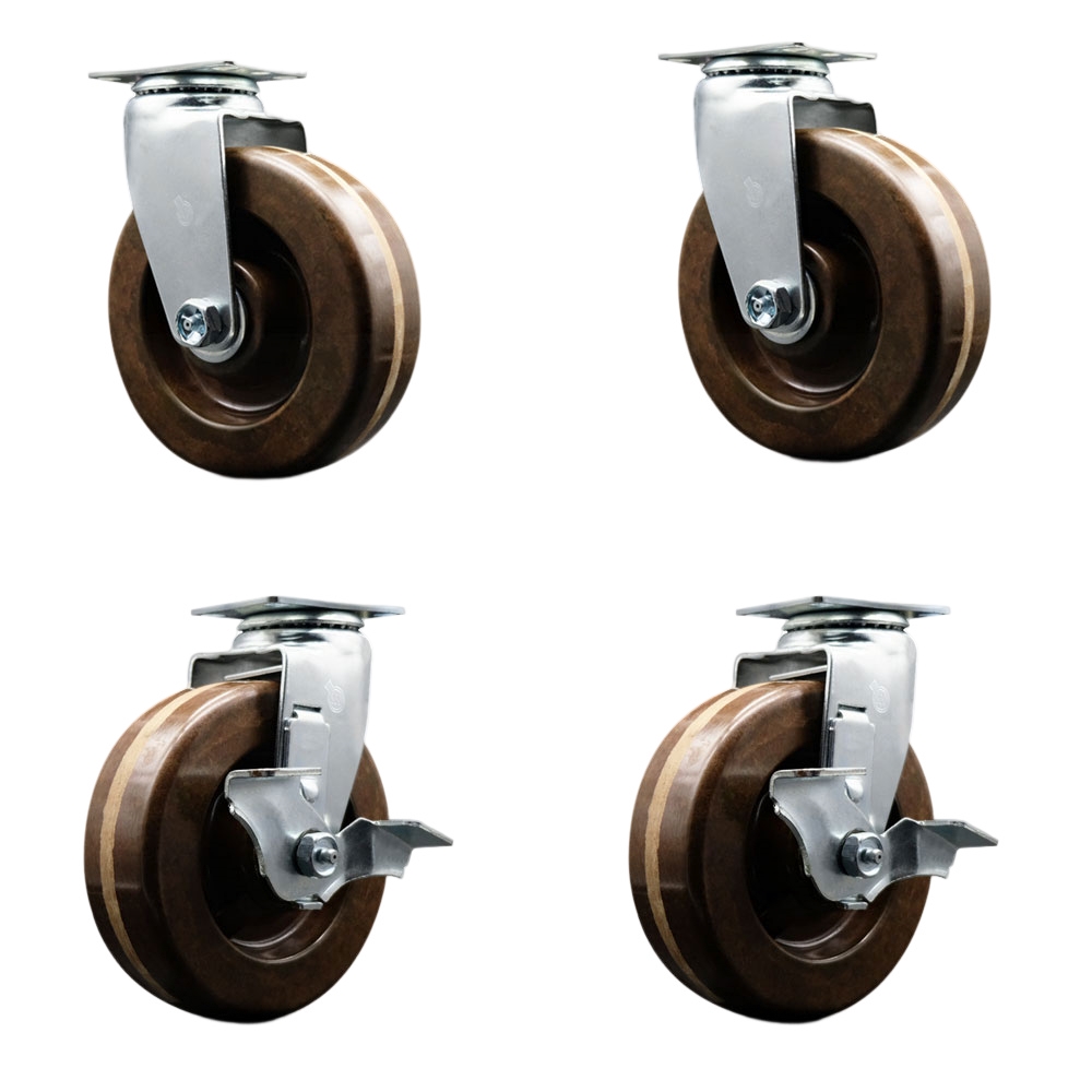 Swivel Top Plate Caster Set – Brown 6 Inch by 2 Inch High Temp Phenolic Wheel – Roller Bearing – 1,800 lbs. Total Capacity – Includes 2 Locking Swivel Casters and 2 Swivel Casters–Service Caster Brand — photo 1