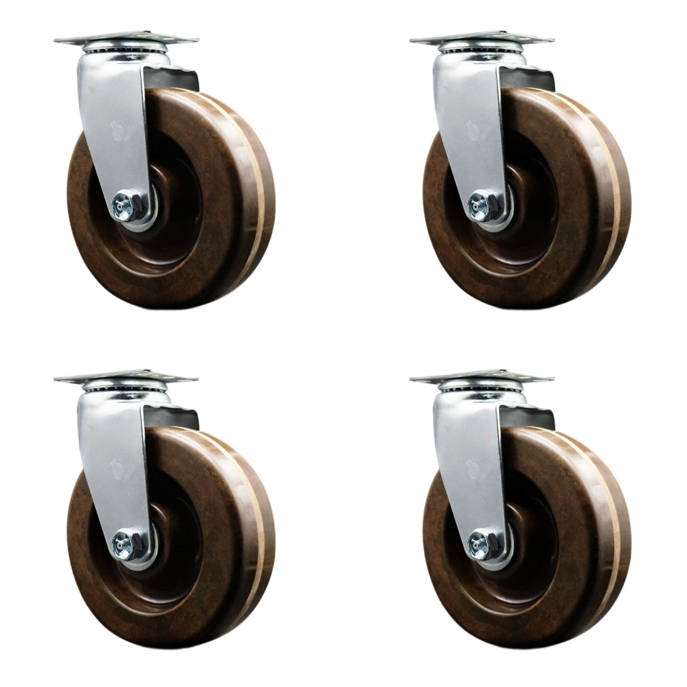 Swivel Top Plate Caster Set – Black 6 Inch by 2 Inch High Temperature Phenolic Wheel – Bronze Bearing – 1,800 lbs. Total Capacity – Includes 4 Swivel Casters – Service Caster Brand — photo 1