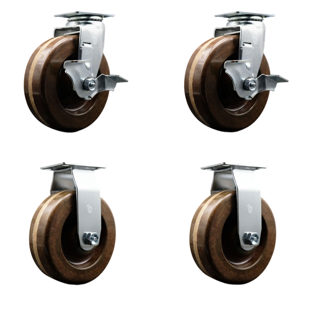 Swivel and Rigid Plate Caster Set – Brown 6 Inch by 2 Inch High Temp Phenolic Wheel – Roller Bearing – 1,800 lbs. Total Capacity – Includes 2 Locking Swivel and 2 Rigid Casters – Service Caster Brand — photo 1