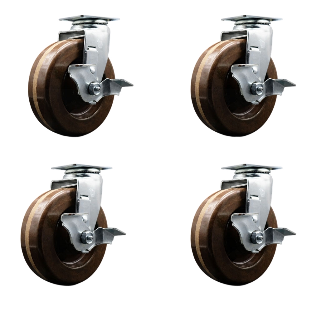 Swivel Top Plate Caster Set – Black 6 Inch by 2 Inch High Temperature Phenolic Wheel – Bronze Bearing –1,800 lbs. Total Capacity–Includes 4 Swivel Casters with Locking Brakes–Service Caster Brand — photo 1