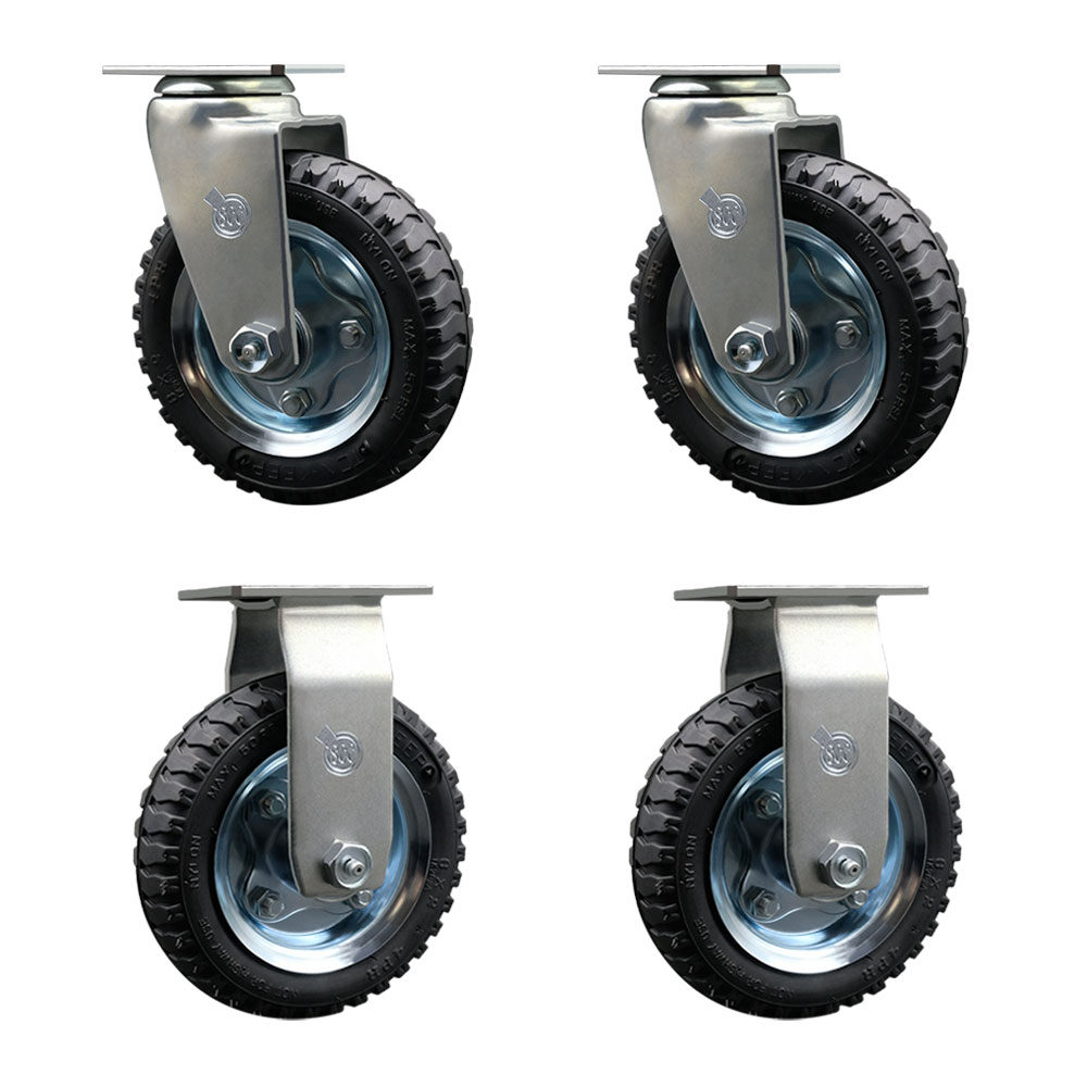 Pneumatic Swivel Top Plate Caster Set of 4 with 6 Inch Black Wheels - Includes 2 Swivel and 2 Rigid - 1000 lbs. Total Capacity - Service Caster Brand — photo 1