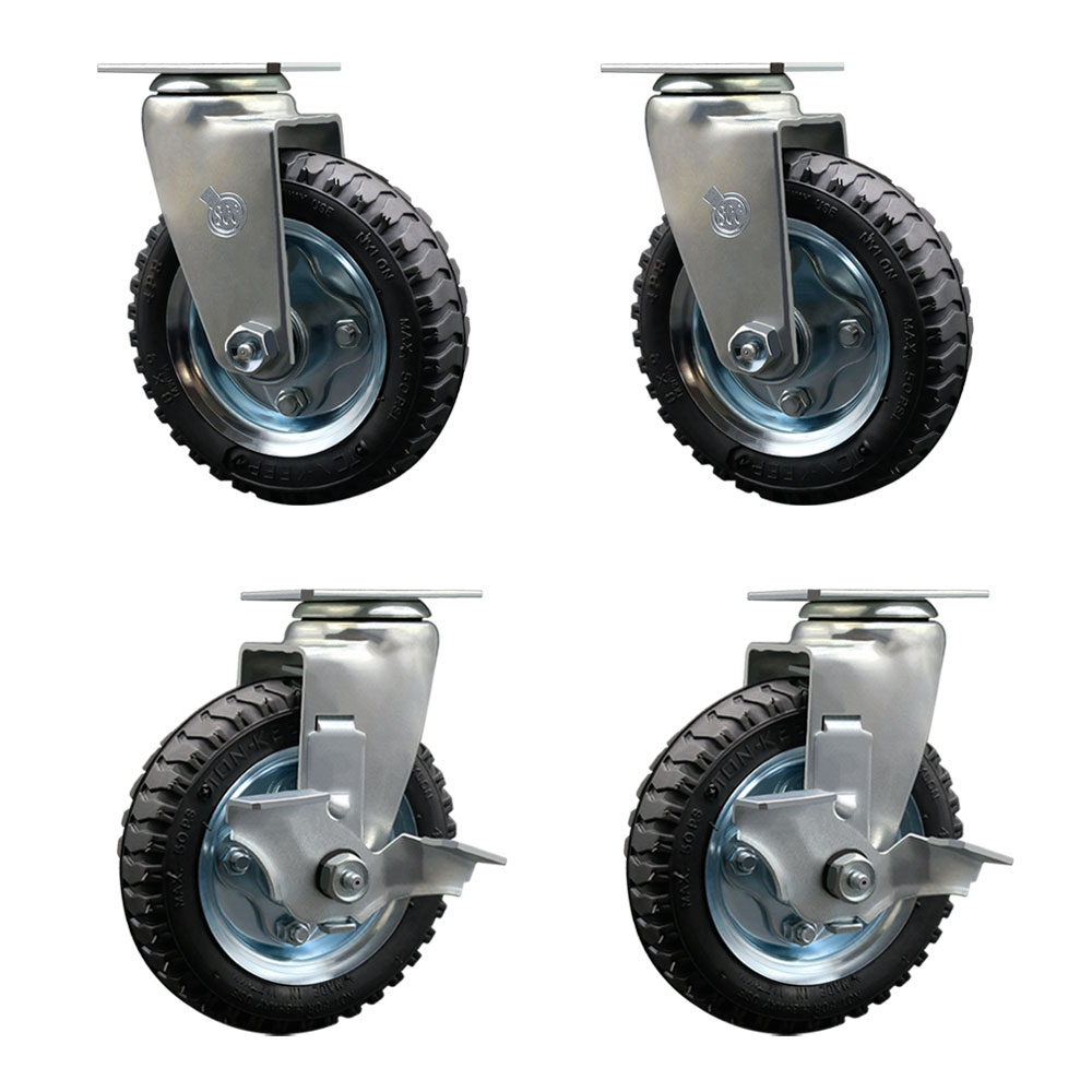Pneumatic Swivel Top Plate Caster Set of 4 with 6 Inch Black Wheels - Includes 2 Swivel with Top Locking Brakes and 2 Swivel - 1000 lbs. Total Capacity - Service Caster Brand — photo 1