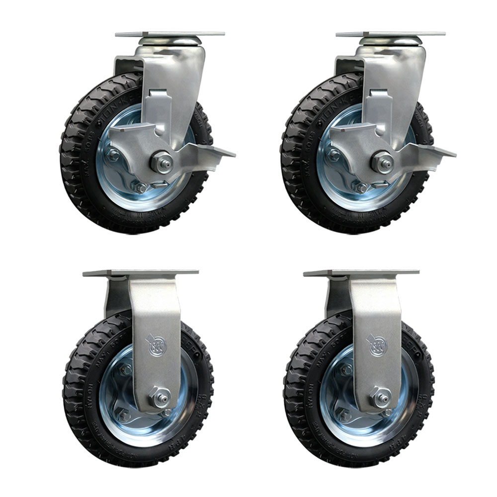 Pneumatic Swivel Top Plate Caster Set of 4 with 6 Inch Black Wheels - Includes 2 Swivel with Top Locking Brakes and 2 Rigid - 1000 lbs. Total Capacity - Service Caster Brand — photo 1