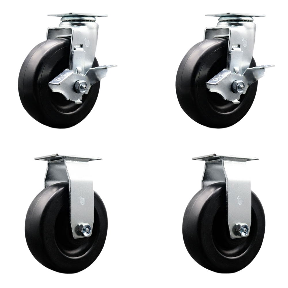 Tool Box Caster Wheel Set - 6 Inch Flat Free, Easy Rolling Polyolefin Wheels - Industrial Grade - 2 Swivel with Top Lock Brakes - Service Caster Brand — photo 1