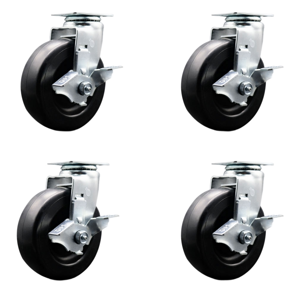Swivel Top Plate Caster Set – Black 6 Inch by 2 Inch Polyolefin Wheel – Ball Bearing – 1,800 lbs. Total Capacity – Includes 4 Swivel Casters with Top Locking Brakes – Service Caster Brand — photo 1