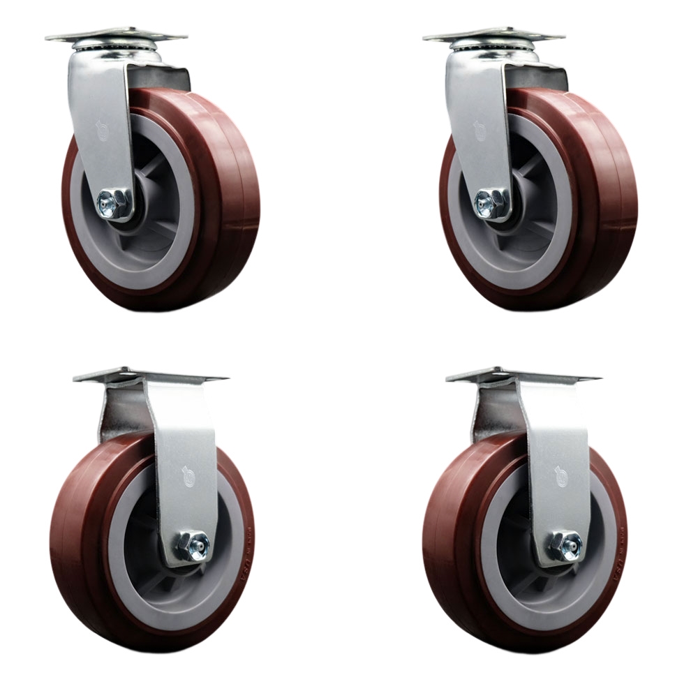 Swivel and Rigid Top Plate Caster Set – Maroon 6 Inch by 2 Inch Polyurethane on Polyolefin Wheel – Roller Bearing – 1,800 lbs. Total Capacity–Includes 2 Swivel and 2 Rigid Casters–Service Caster Brand — photo 1