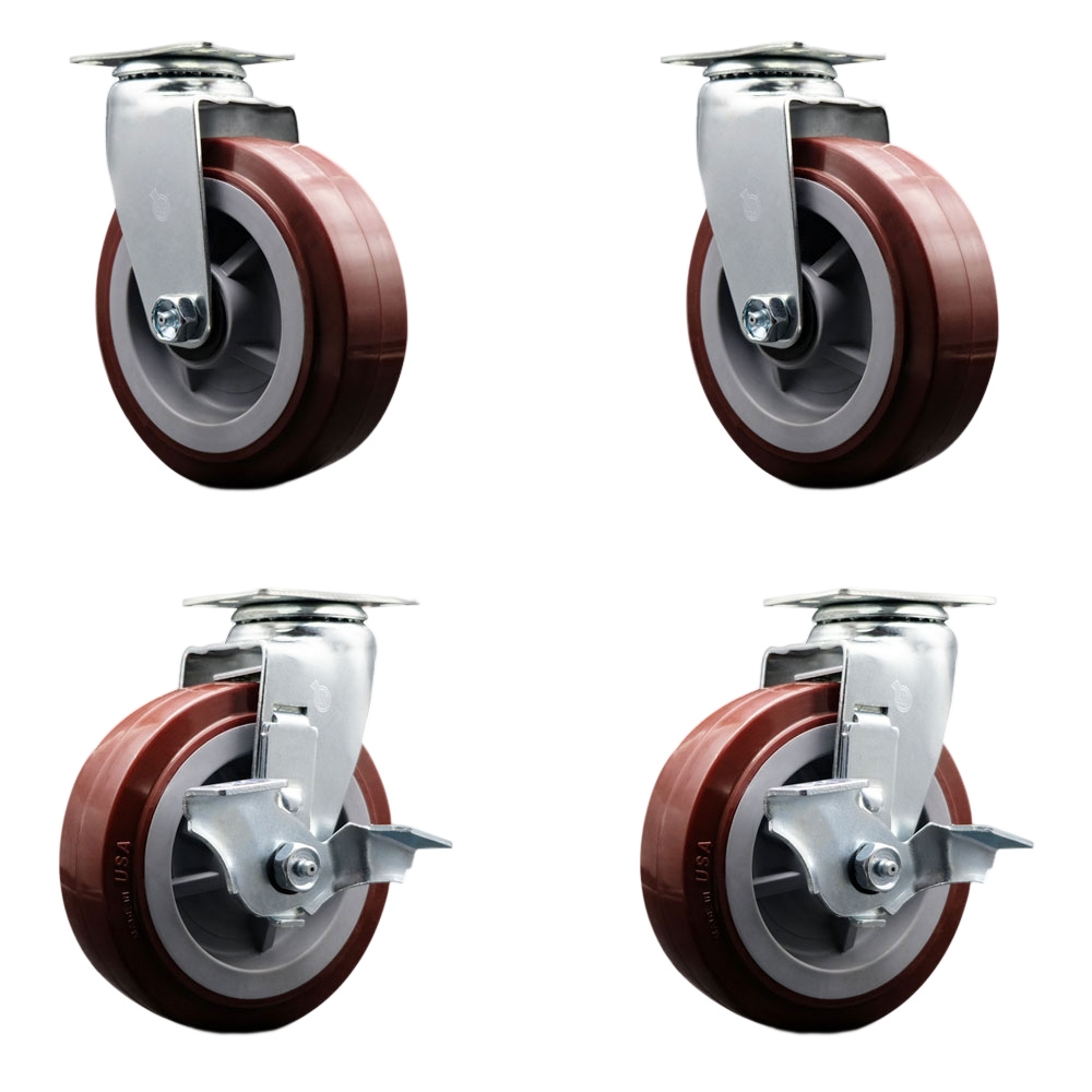 Tool Box Caster Wheel Set - 6 Inch Non-Marking, Easy Rolling Maroon Polyurethane Wheels - Industrial Grade - 2 Swivel with Top Lock Brakes - Service Caster Brand — photo 1
