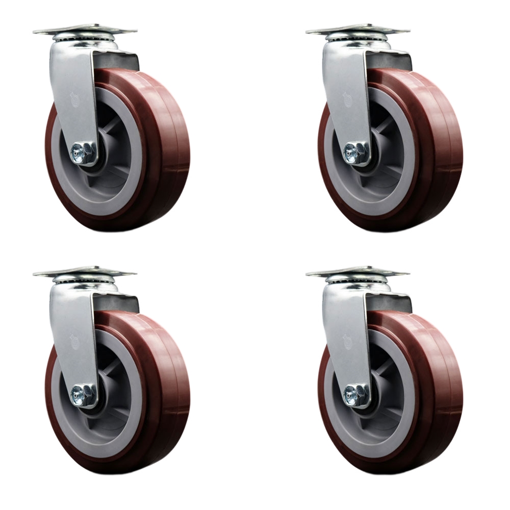 Swivel Top Plate Caster Set – Maroon 6 Inch by 2 Inch Polyurethane on Polyolefin Wheel – Ball Bearing – 1,800 lbs. Total Capacity – Includes 4 Swivel Casters – Service Caster Brand — photo 1