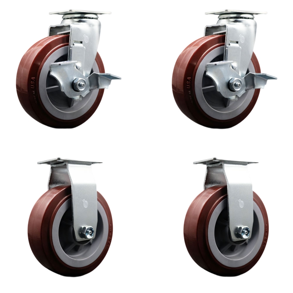 Swivel and Rigid Plate Caster Set – Maroon 6 Inch by 2 Inch Poly on Polyolefin Wheel – Ball Bearing – 1,800 lbs. Total Capacity – Includes 2 Locking Swivel and 2 Rigid Casters – Service Caster Brand — photo 1