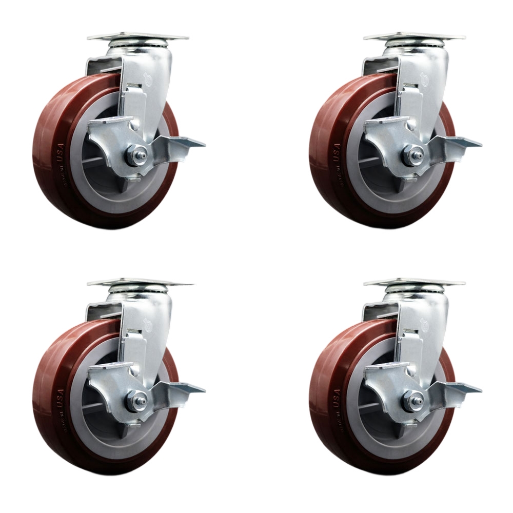 Swivel Top Plate Caster Set – Maroon 6 Inch by 2 Inch Poly on Polyolefin Wheel – Ball Bearing – 1,800 lbs. Total Capacity – Includes 4 Swivel Casters with Top Locking Brakes – Service Caster Brand — photo 1