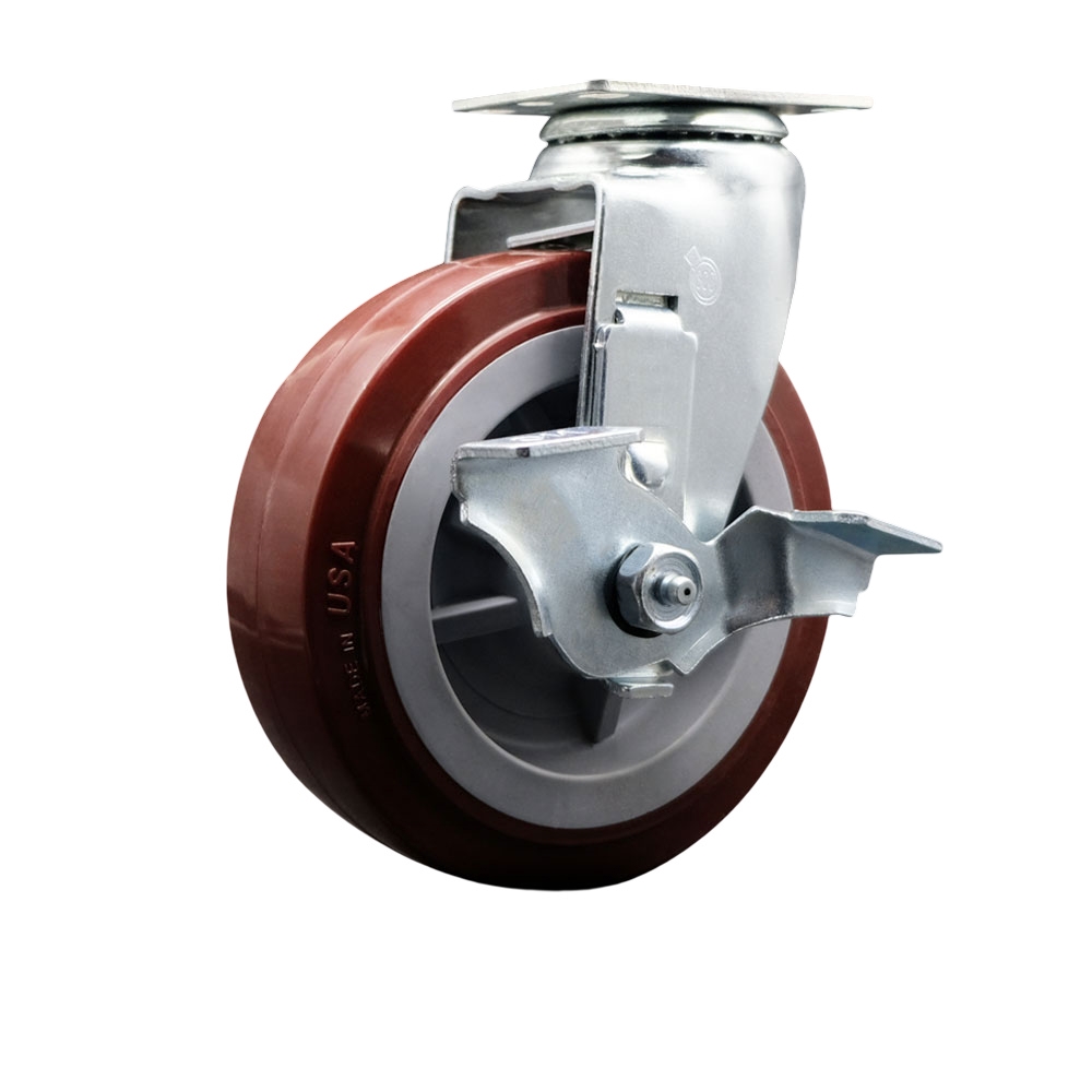 Swivel Top Plate Caster – Maroon 6 Inch by 2 Inch Polyurethane on Polyolefin Wheel – Roller Bearing – 450 lbs. Capacity Per Caster – Includes Top Locking Brake - Service Caster Brand — photo 1