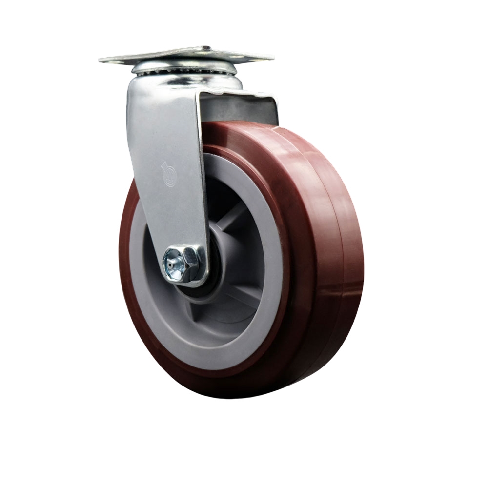 Swivel Top Plate Caster – Maroon 6 Inch by 2 Inch Polyurethane on Polyolefin Wheel – Ball Bearing – 450 lbs. Capacity Per Caster – Service Caster Brand — photo 1