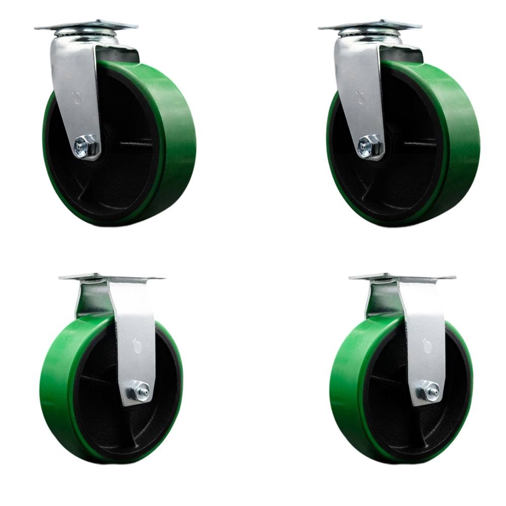 Swivel and Rigid Top Plate Caster Set – Green 6 Inch by 2 Inch Polyurethane on Cast Iron Wheel – Ball Bearing – 1,800 lbs. Total Capacity–Includes 2 Swivel and 2 Rigid Casters – Service Caster Brand — photo 1