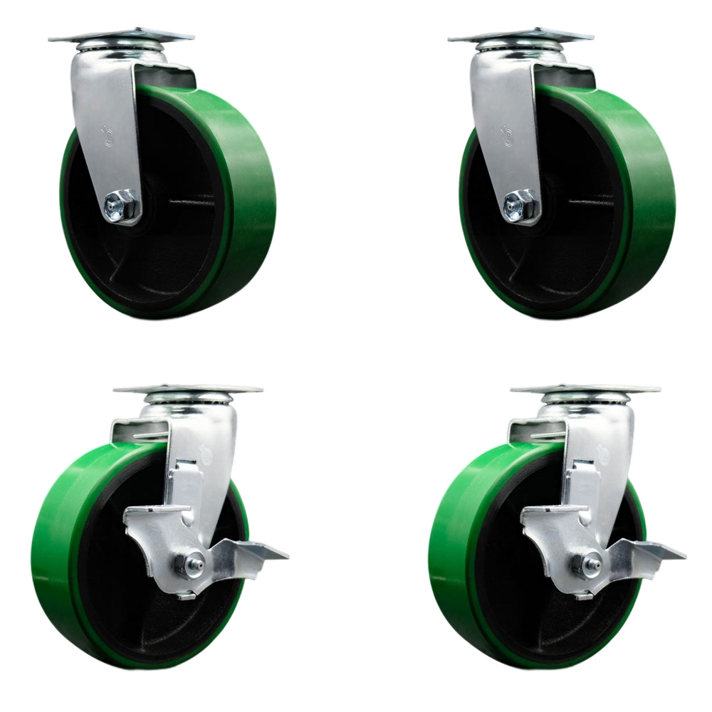 Tool Box Caster Wheel Set - 6 Inch Non-Marking, Maintenance Free Green Polyurethane on Cast Iron Wheels - Industrial Grade - 2 Swivel with Top Lock Brakes - Service Caster Brand — photo 1