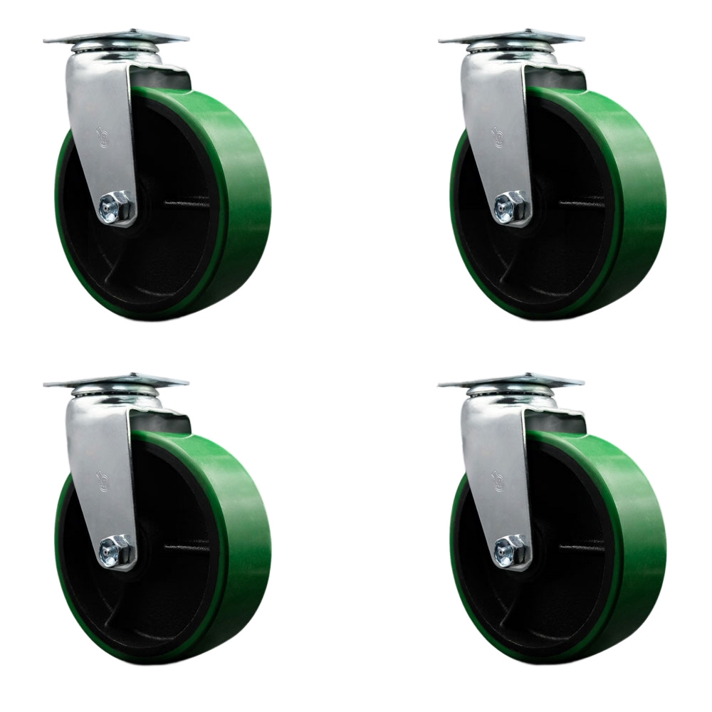 Swivel Top Plate Caster Set – Green 6 Inch by 2 Inch Polyurethane on Cast Iron Wheel – Ball Bearing – 1,800 lbs. Total Capacity – Includes 4 Swivel Casters – Service Caster Brand — photo 1