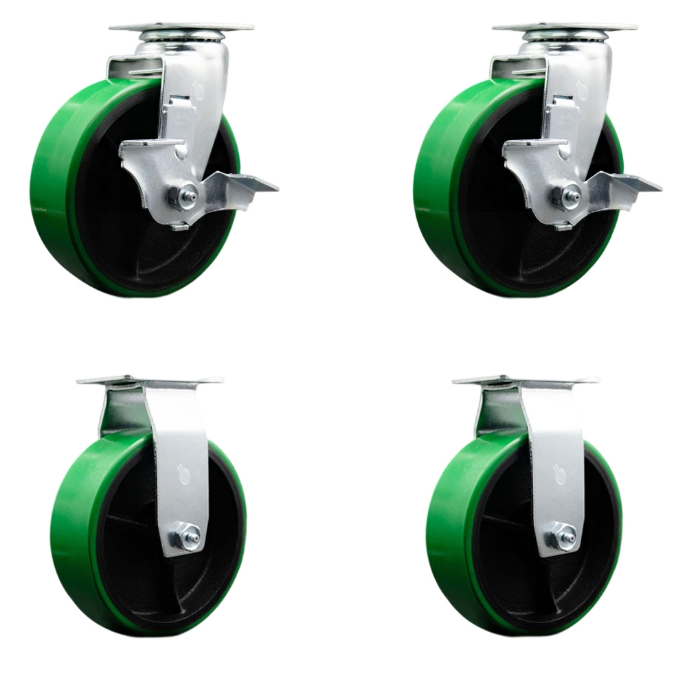 Tool Box Caster Wheel Set - 6 Inch Non-Marking, Easy Rolling Green Polyurethane on Cast Iron Wheels - Industrial Grade - 2 Swivel with Top Lock Brakes - Service Caster Brand — photo 1