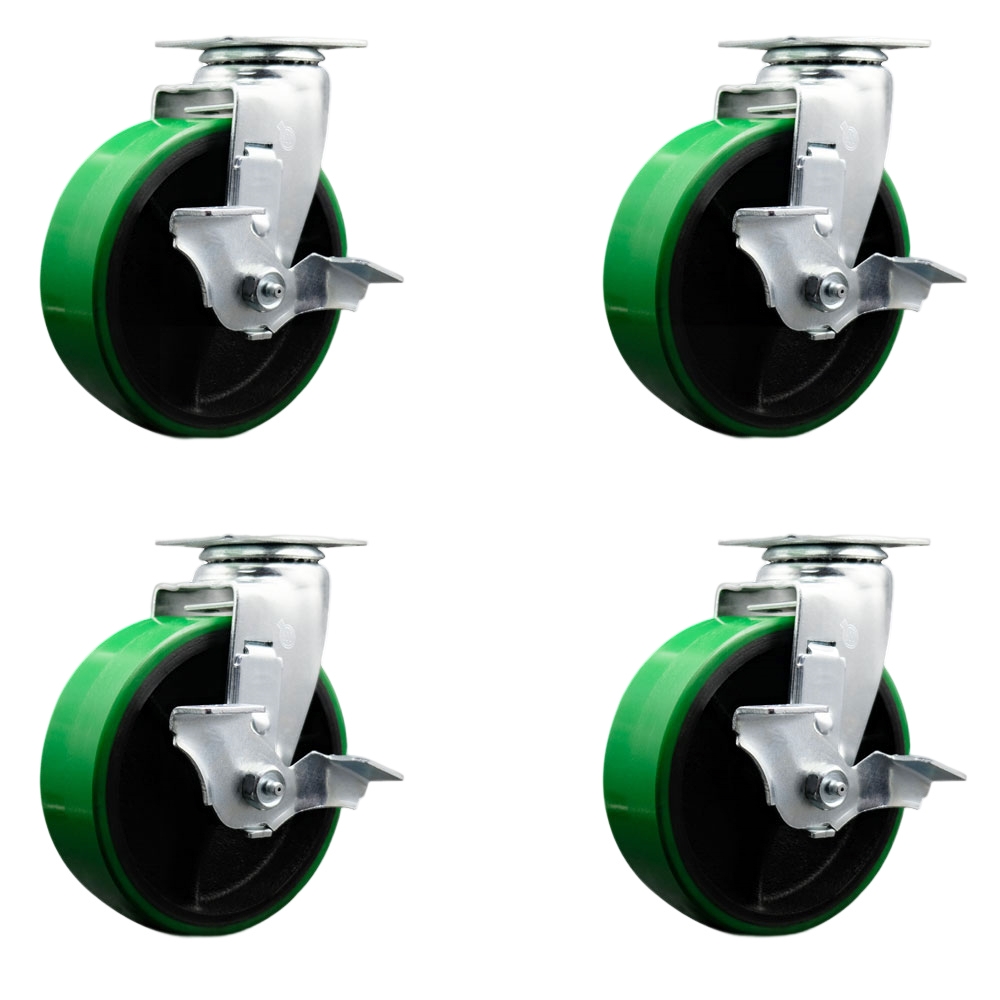 Swivel Top Plate Caster Set – Green 6 Inch by 2 Inch Polyurethane on Cast Iron Wheel – Ball Bearing – 1,800 lbs. Total Capacity–Includes 4 Swivel Casters with Top Locking Brakes–Service Caster Brand — photo 1
