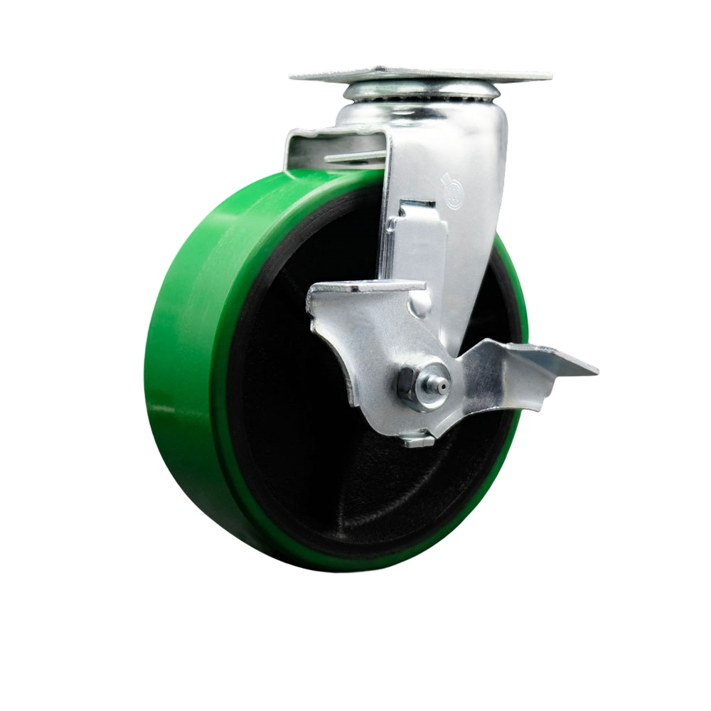 Swivel Top Plate Caster – Green 6 Inch by 2 Inch Polyurethane on Cast Iron Wheel – Roller Bearing – 450 lbs. Capacity Per Caster – Includes Top Locking Brake - Service Caster Brand — photo 1